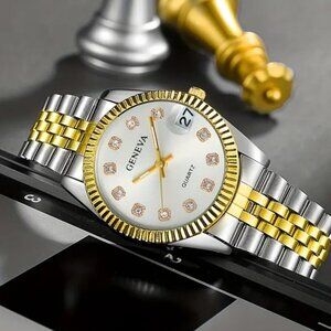 Geneva Ladies Rhinestone Silver Dial Watch Two-Tone Gold/Silver Bracelet W/Date